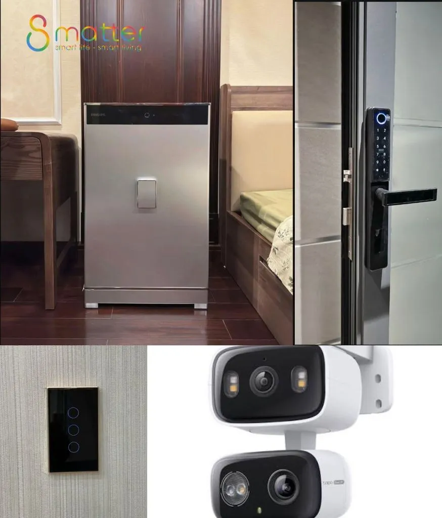 Ảnh ghép két sắt cạnh giường, khóa cửa trên cánh cửa, công tắc cảm ứng và camera an ninh