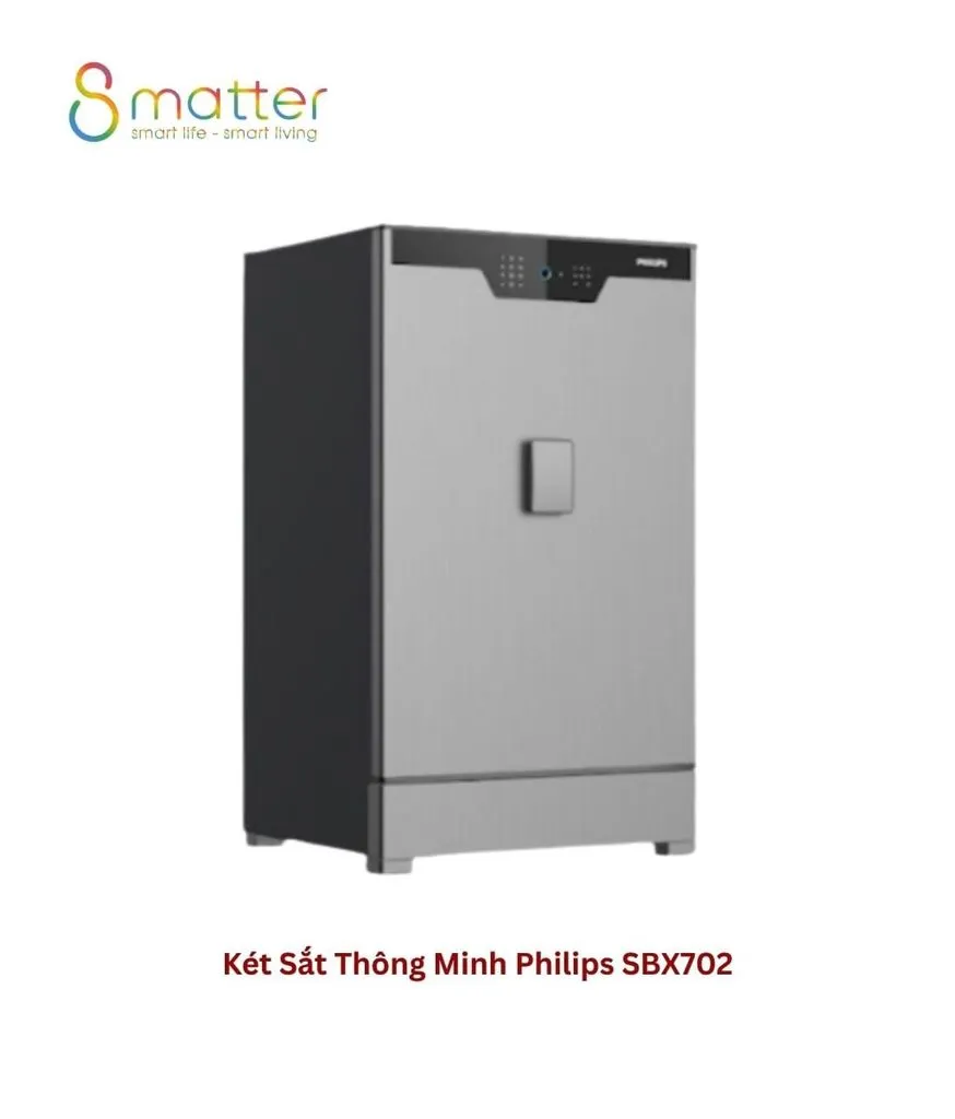 Ảnh sản phẩm két Philips màu xám, phía dưới ghi tên két sắt thông minh Philips SBX702