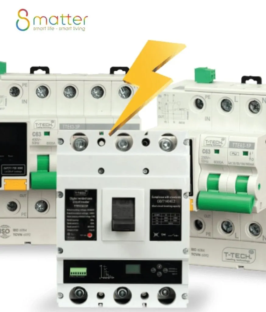 Ba aptomat T-TECH xếp cạnh nhau trên nền trắng