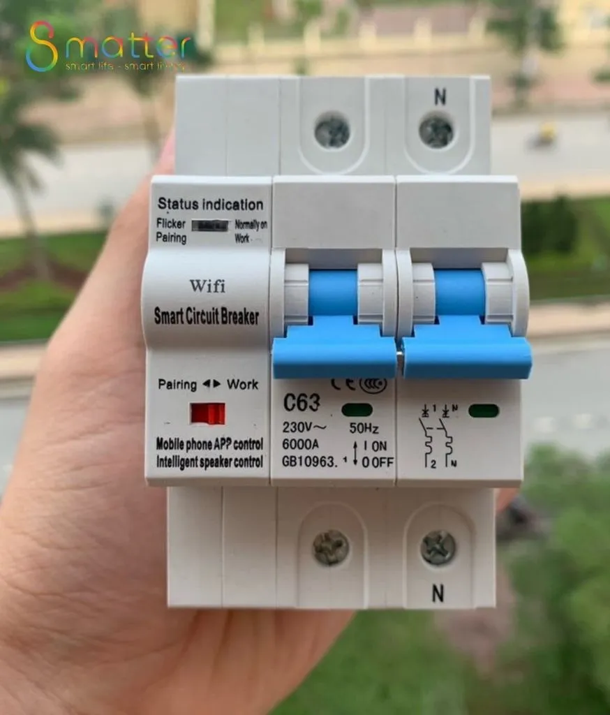 Bàn tay cầm aptomat wifi hai cực cần gạt xanh
