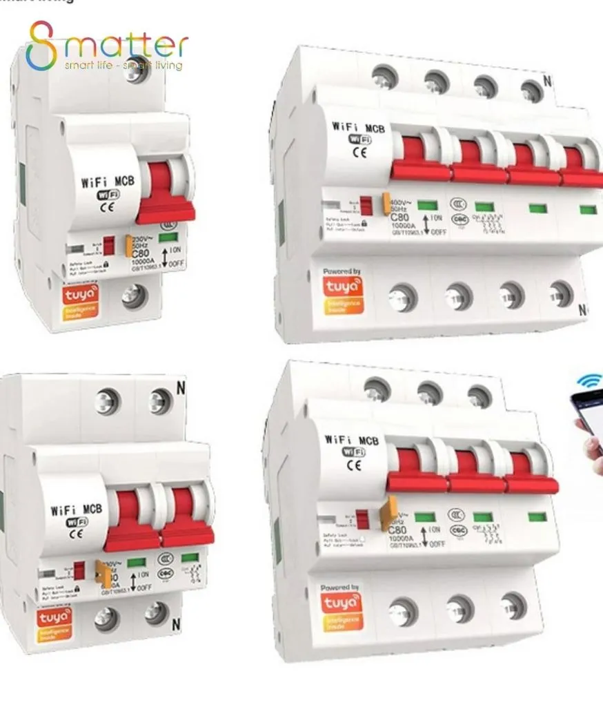 Bốn aptomat wifi trắng cần gạt đỏ ghép chung trên nền trắng
