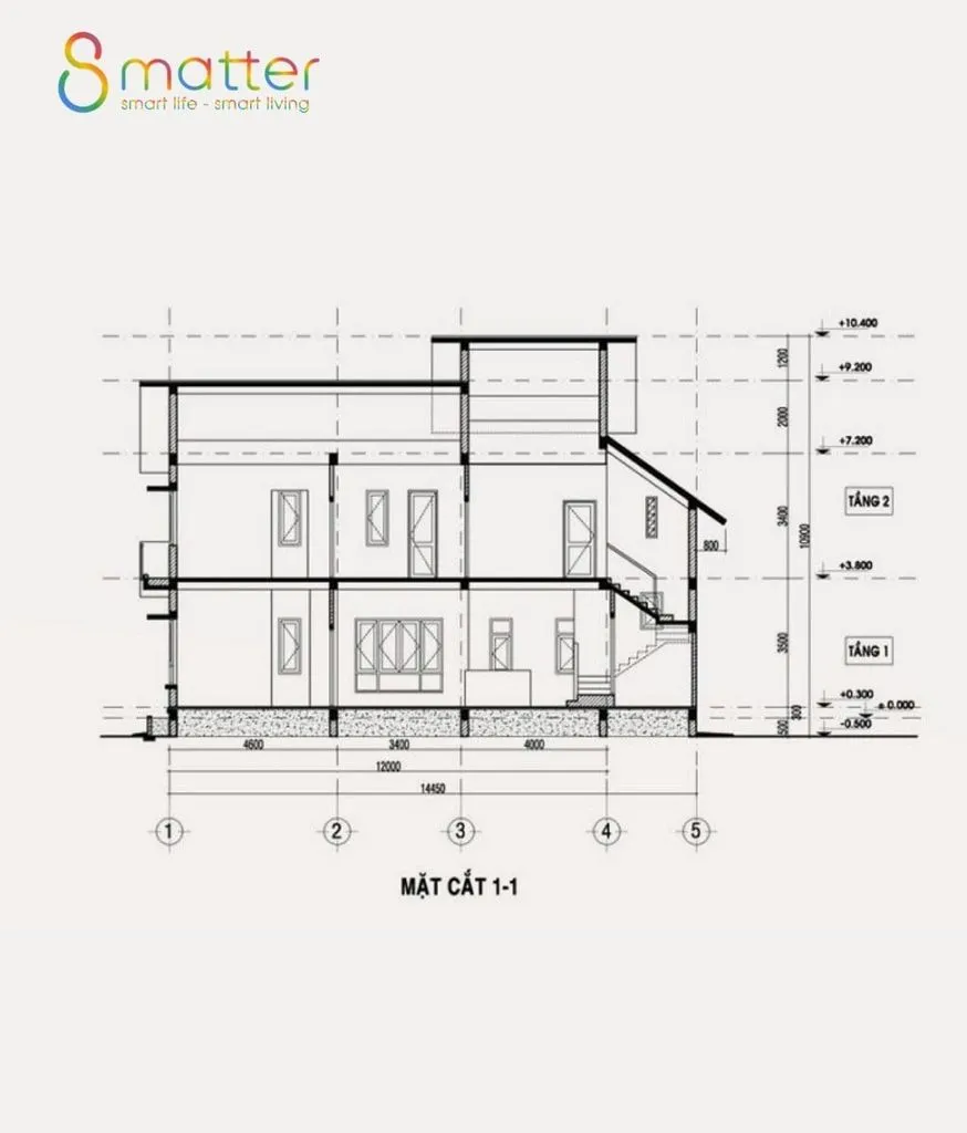 Bản vẽ mặt cắt nhà hai tầng có trục lưới đánh số và cao độ