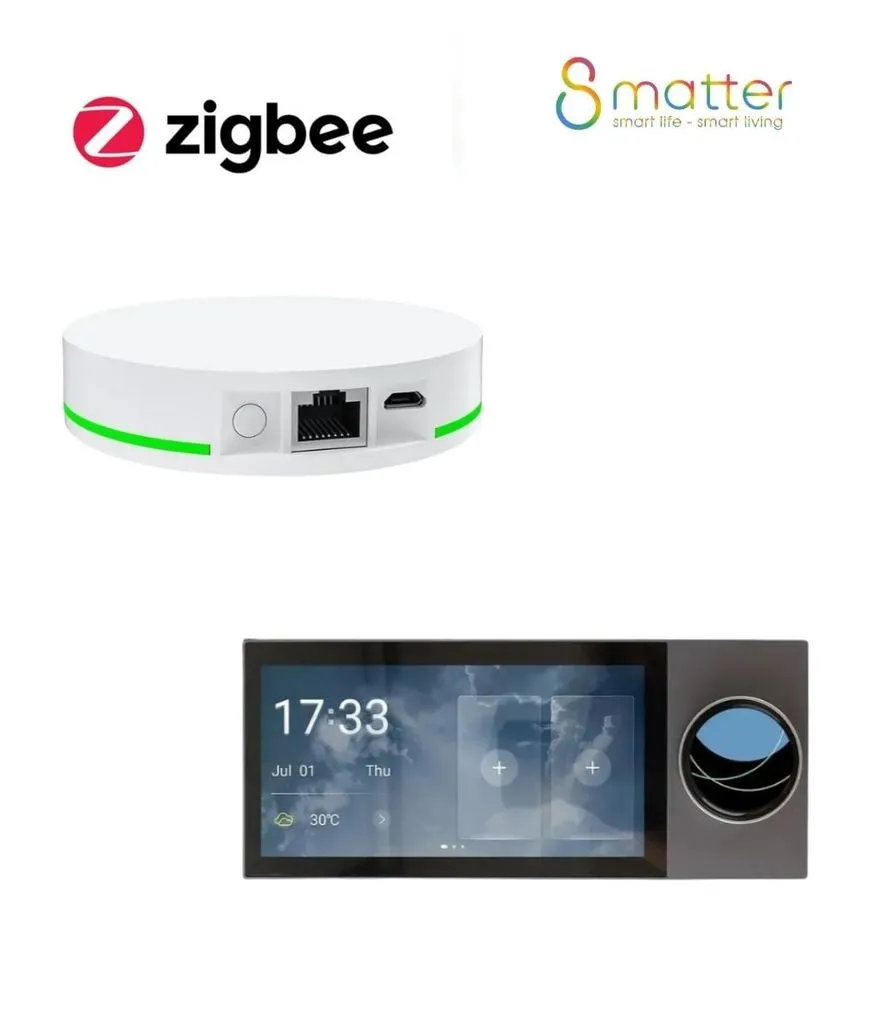 Đồ hoạ bộ trung tâm Zigbee đặt cạnh một màn hình điều khiển thông minh