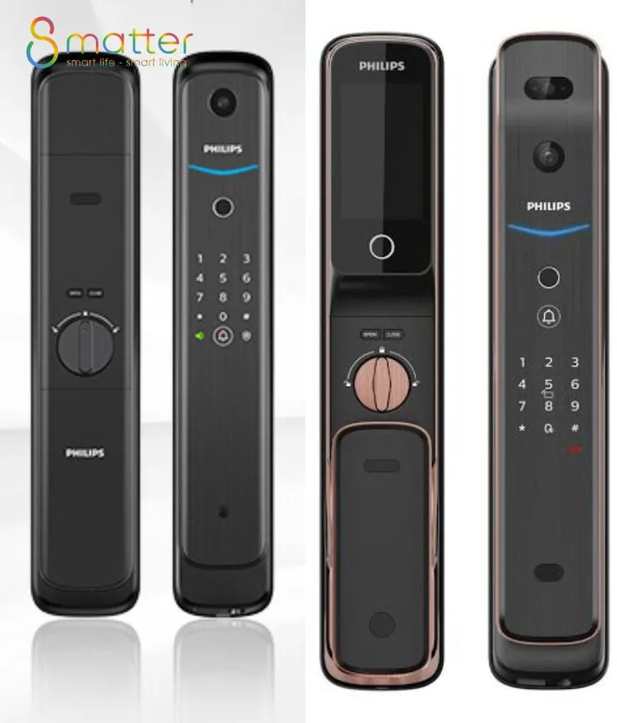 Bốn chiếc khóa cửa Philips màu đen chụp sản phẩm từ nhiều góc khác nhau