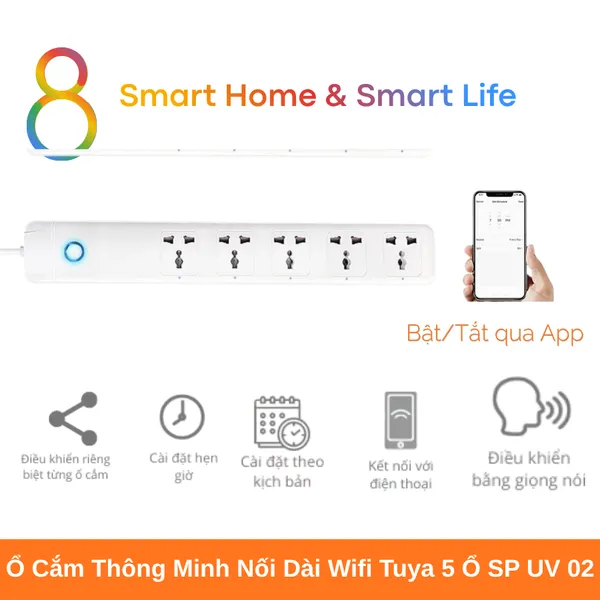 Ổ Cắm Thông Minh Nối Dài Wifi Tuya 5 Ổ SP UV 02 8matter smarthome