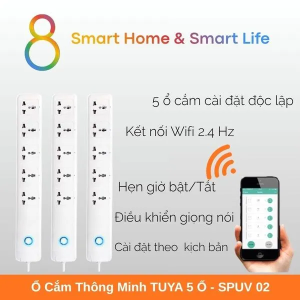 Ổ Cắm Thông Minh Wifi Tuya Smart Life 5 ổ 10A  - 8Matter - SmartHome