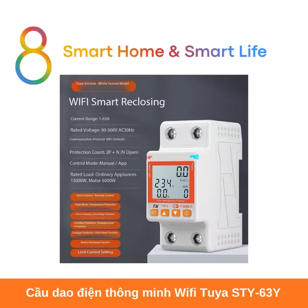 Cầu dao điện thông minh Wifi Tuya STY-63Y- 8Matter-Smarthome