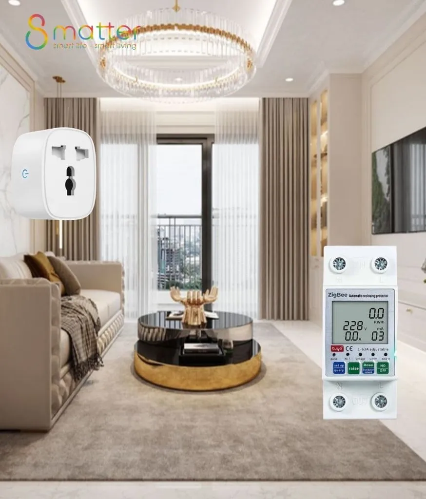 Phòng khách đèn chùm vàng, ghép nổi ổ cắm thông minh và aptomat Zigbee