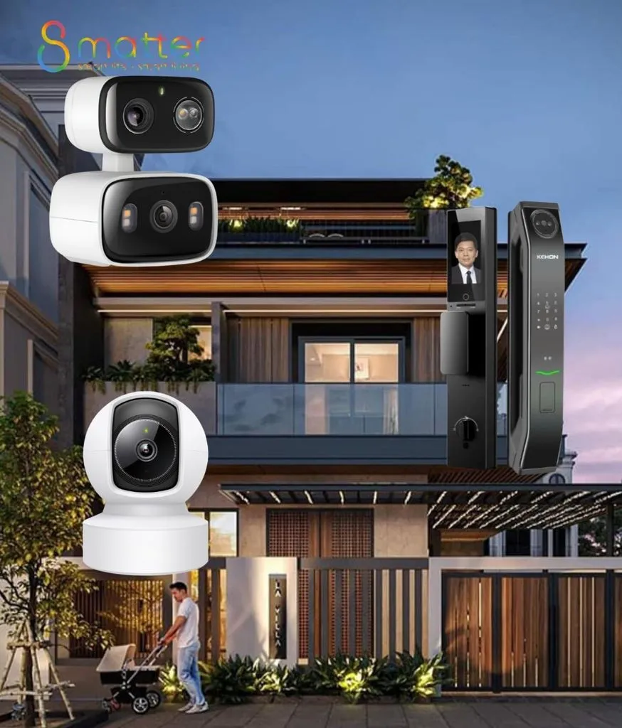 Ghép biệt thự hiện đại lúc chạng vạng với ba camera an ninh và khoá