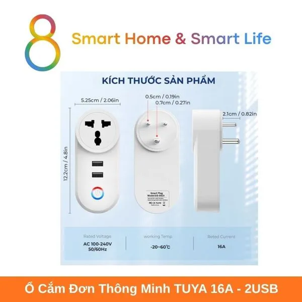 Ổ Cắm Đơn Thông Minh Tuya Smart Life 16A +2USB IN02- 8Matter - SmartHome