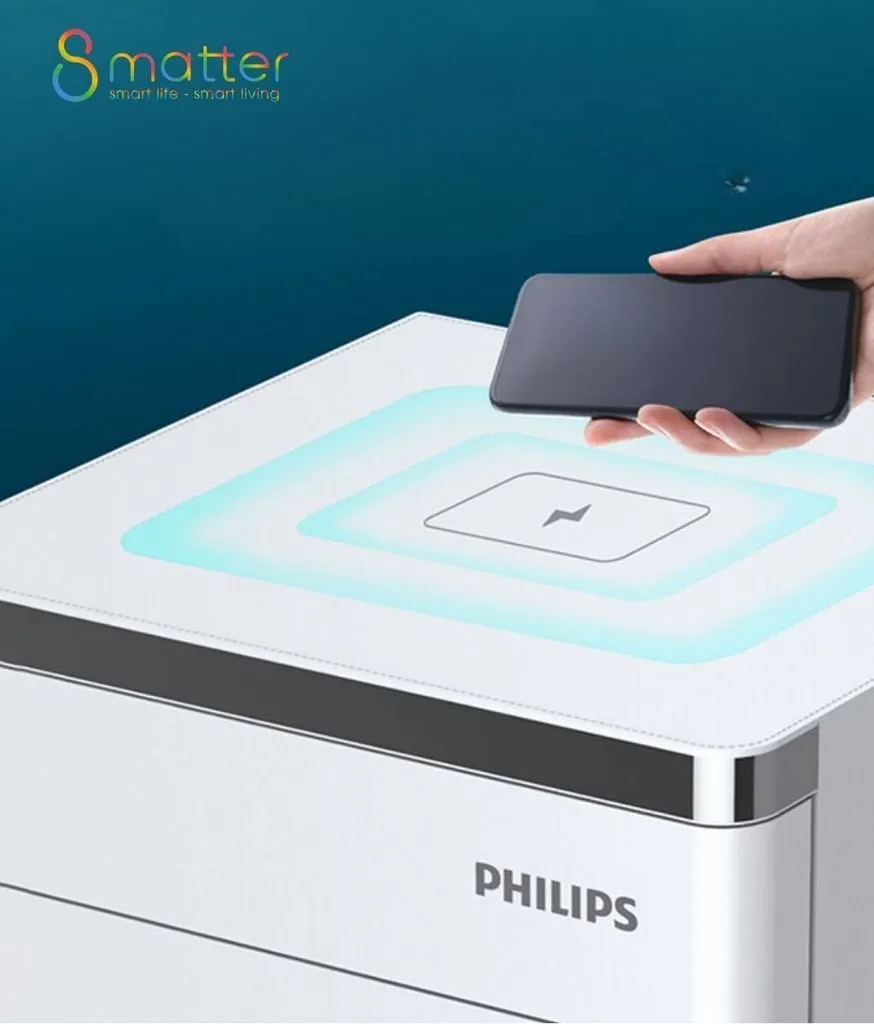 Đồ hoạ bàn tay đưa một thiết bị quét lên mặt trên của két Philips