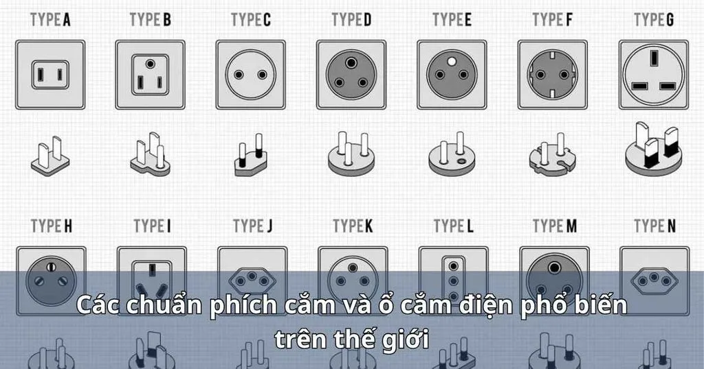 Đồ hoạ bảng các chuẩn phích cắm và ổ cắm điện từ Type A đến Type N