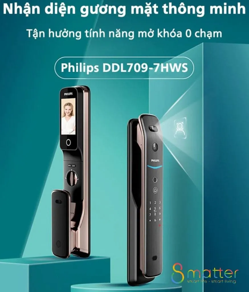 Đồ hoạ khóa Philips DDL709-7HWS in dòng chữ quảng cáo nhận diện gương mặt
