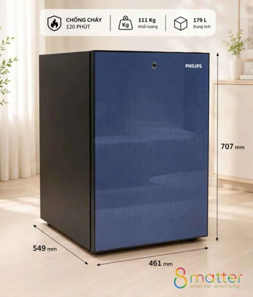 Đồ hoạ két Philips xanh navy in kích thước và ba huy hiệu tính năng
