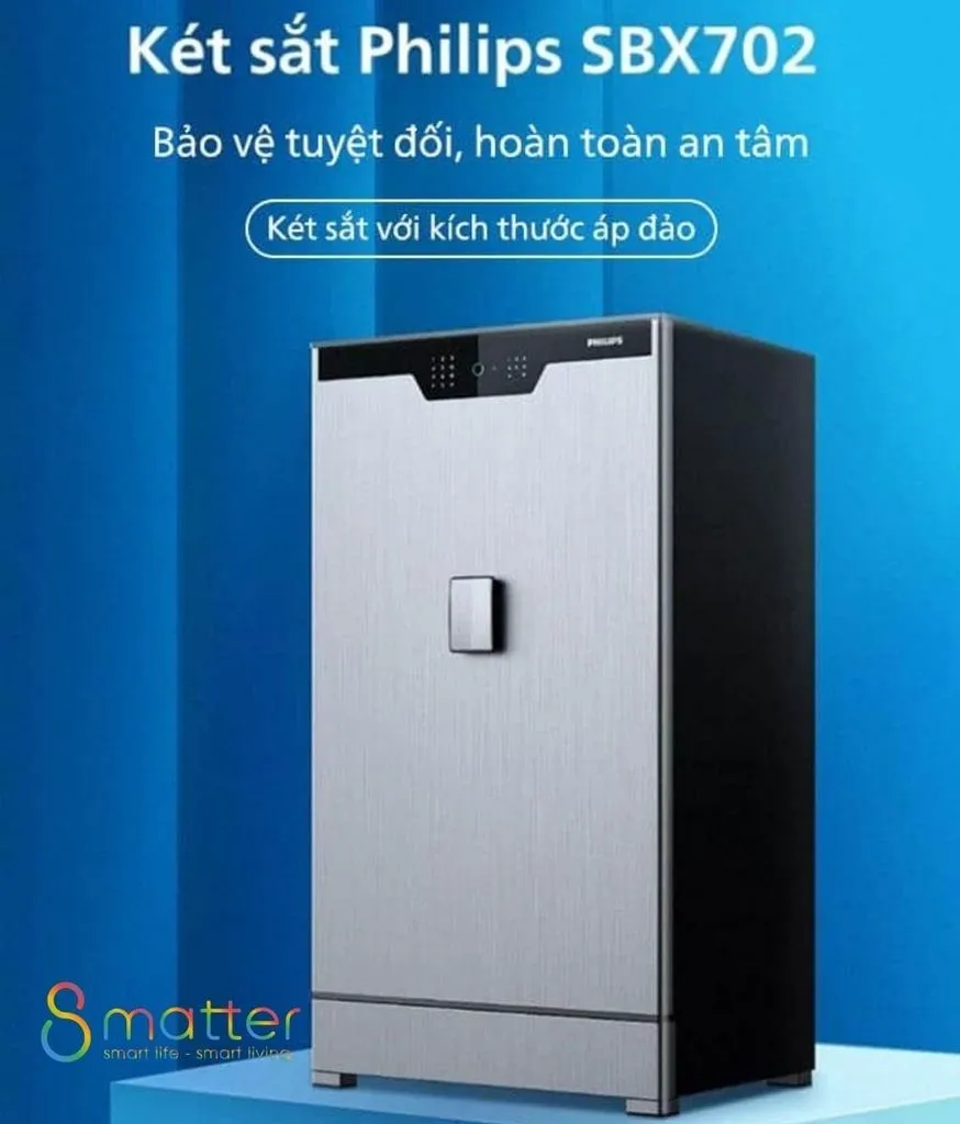 Đồ hoạ giới thiệu két sắt Philips SBX702 đặt trên nền màu xanh