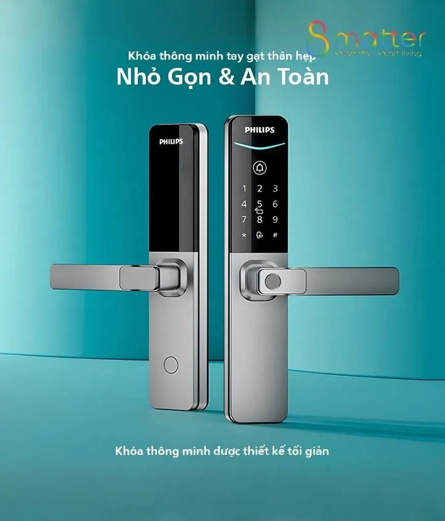 Đồ hoạ giới thiệu mẫu khóa thông minh tay gạt kèm dòng chữ quảng cáo ngắn