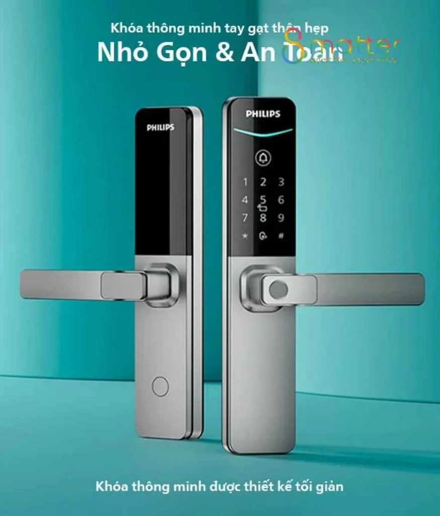 Đồ hoạ giới thiệu mẫu khóa cửa thông minh kiểu tay gạt, nền màu trơn