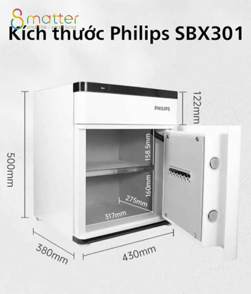 Đồ hoạ két Philips SBX301 có in các số đo ba chiều bằng milimét