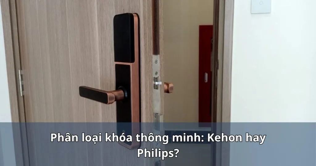 Đồ hoạ cánh cửa gắn khóa kèm dòng chữ phân loại khóa thông minh Kehon hay Philips