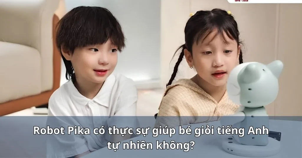 Đồ hoạ hai bé và robot, có in câu hỏi về việc học tiếng Anh