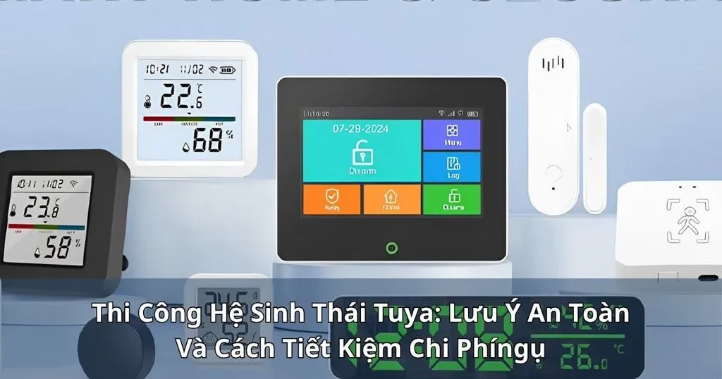 Đồ hoạ các thiết bị Tuya kèm dòng chữ về thi công và tiết kiệm chi phí