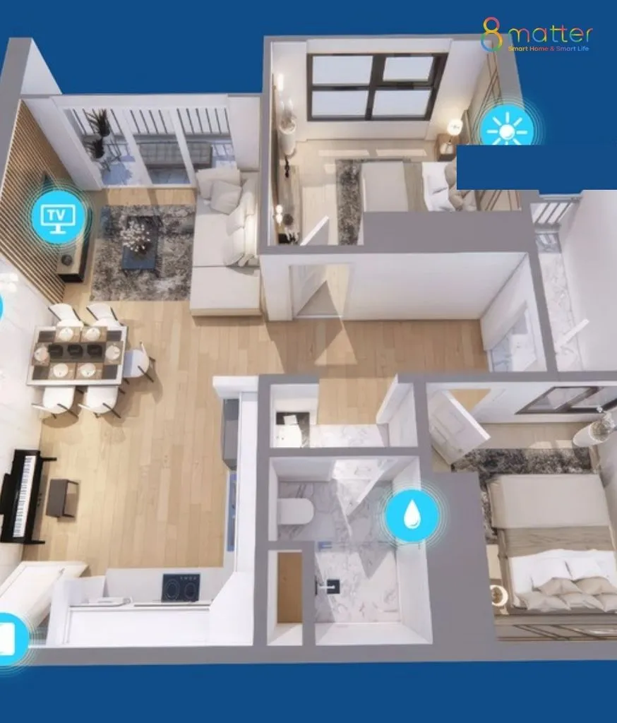 Đồ hoạ mặt bằng căn hộ 3D nền xanh với các biểu tượng TV, nước