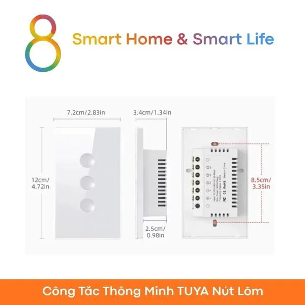 Công Tắc Thông Minh Wifi Tuya Smart Life - Nút Lõm Cảm Ứng - 8Matter - SmartHome