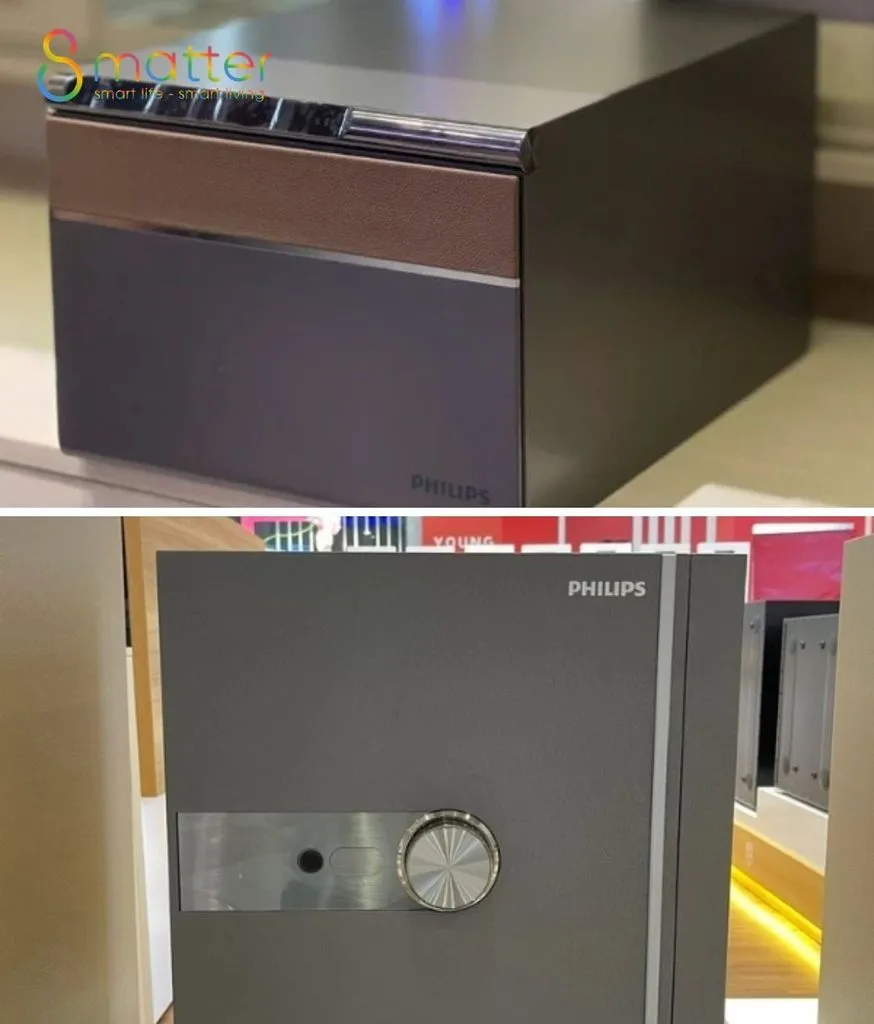 Ảnh ghép hai két sắt Philips nhìn nghiêng và cận núm tròn trên cánh