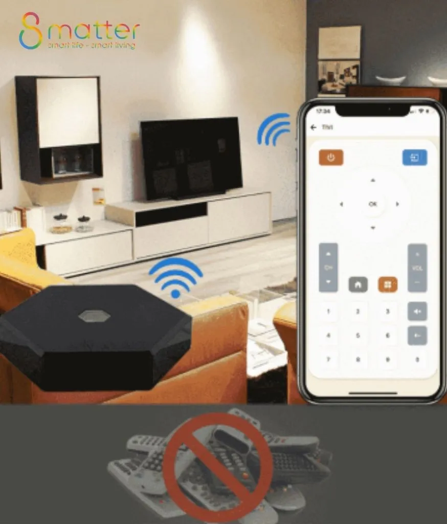 Ghép phòng khách có TV, hub hồng ngoại lục giác đen phát sóng và app remote