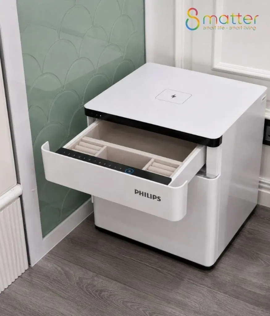 Két Philips màu trắng dạng ngăn kéo đang mở, đặt lắp bên trong tủ