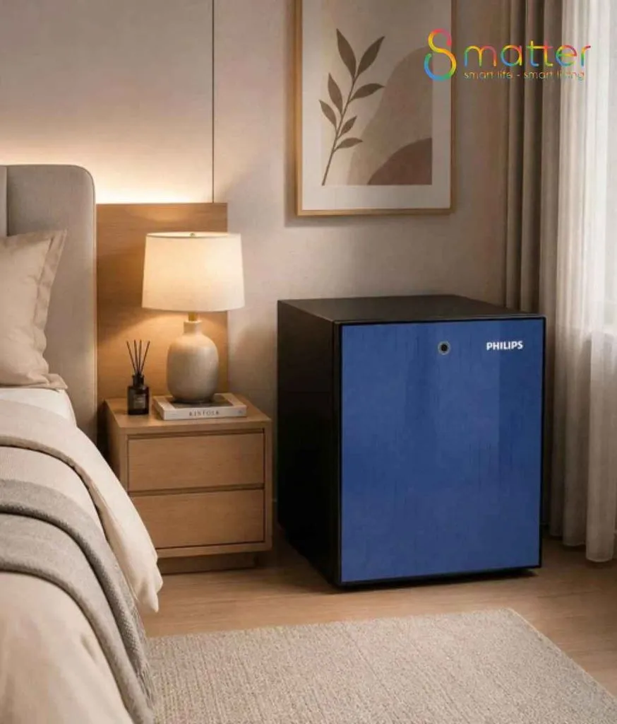 Két Philips xanh navy đặt cạnh giường ngủ, thay cho tủ đầu giường