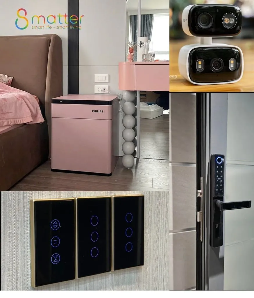 Ảnh ghép bốn ô gồm két sắt, hai camera trắng, công tắc đen và khoá cửa