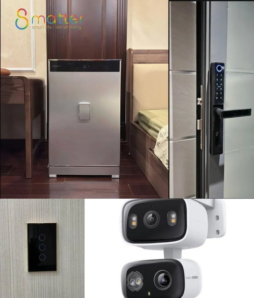 Ghép bốn ô: két sắt bạc phòng ngủ gỗ, khoá cửa kính, công tắc