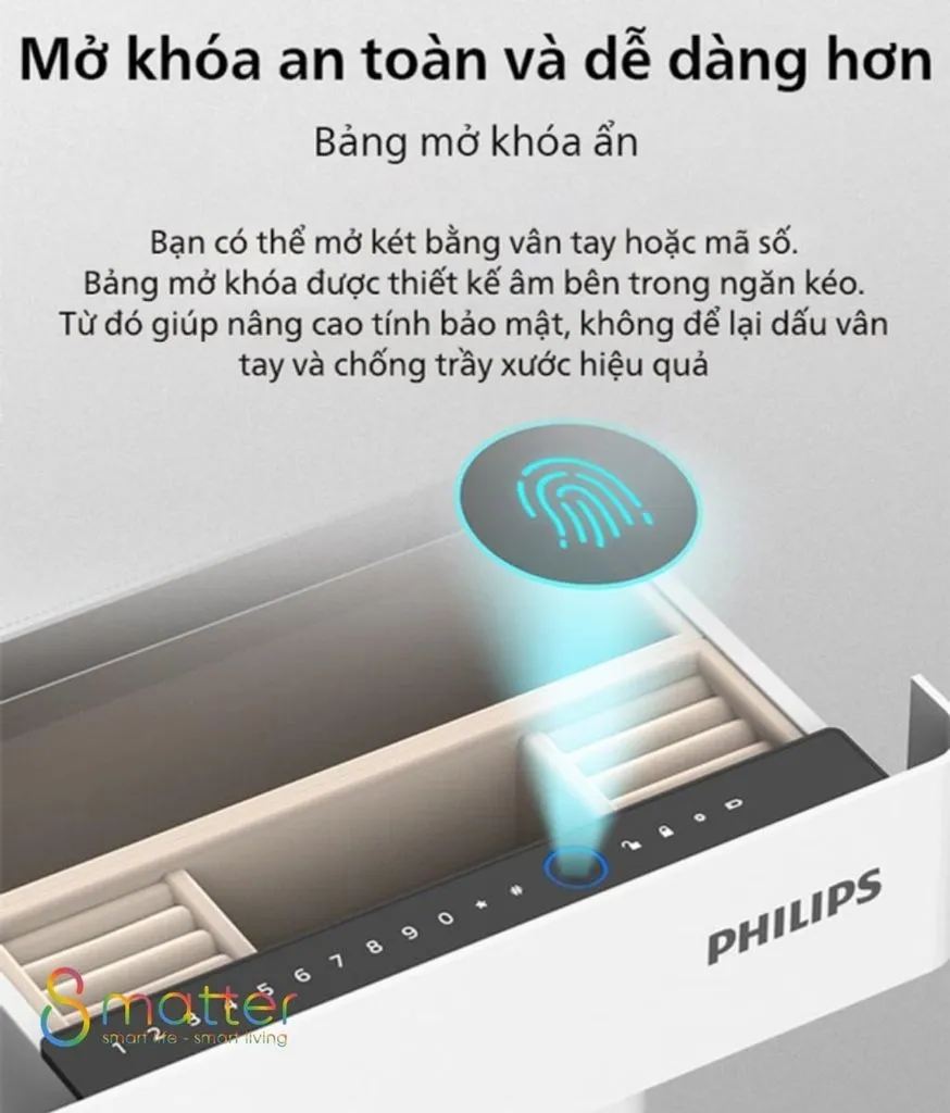 Ngăn kéo két sắt mở ra, lộ bàn phím ẩn và biểu tượng vân tay