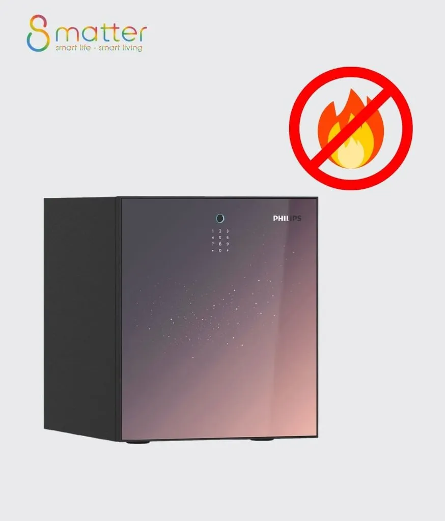 Đồ hoạ két sắt Philips mặt kính gradient hồng kèm biểu tượng cấm lửa khoanh tròn