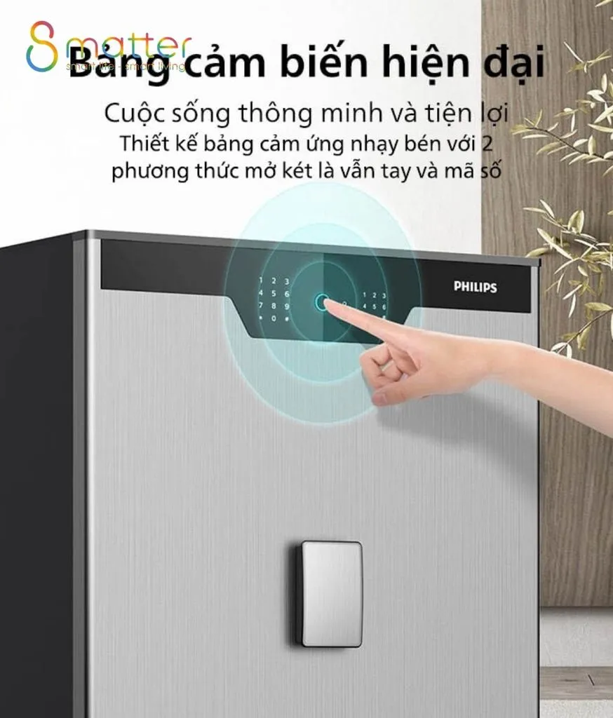 Đồ hoạ két sắt bạc với bàn tay chạm bàn phím cảm ứng