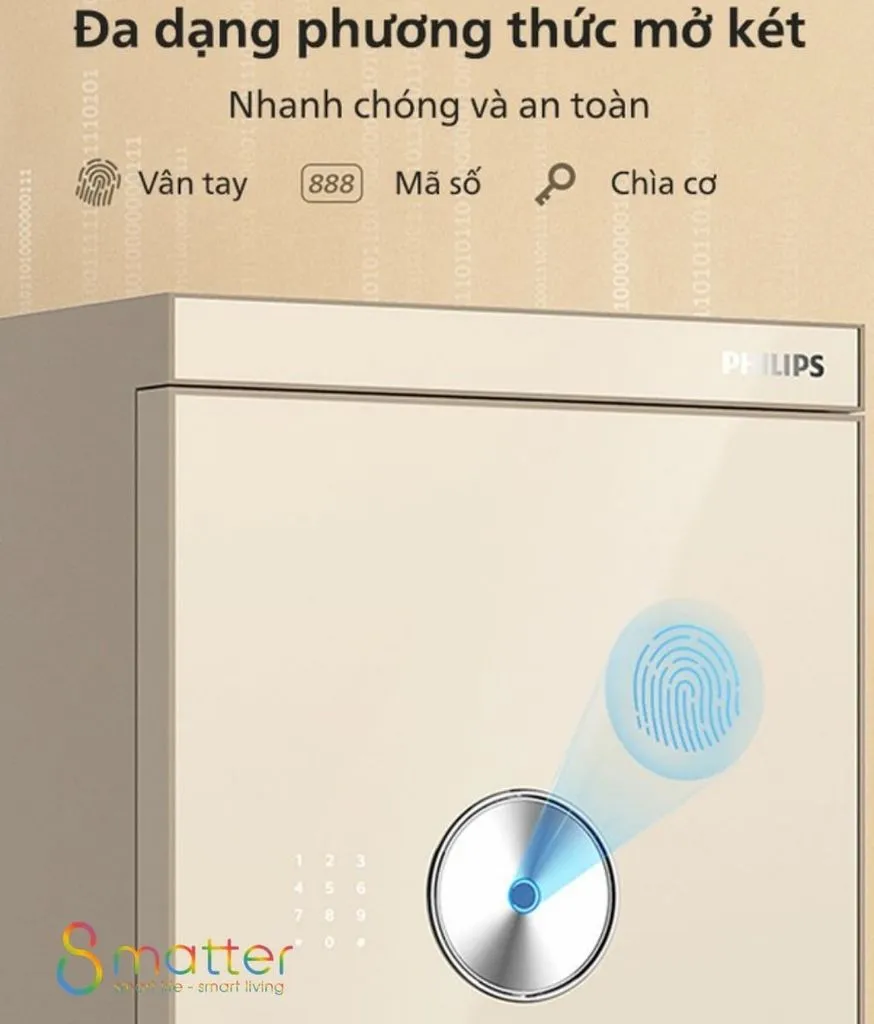 Đồ hoạ két sắt Philips kem vàng với tia quét vân tay xanh trên núm xoay