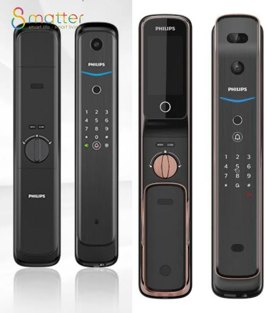 Studio bốn khoá cửa đẩy Philips màu đen và đồng đỏ, mặt trước và mặt sau