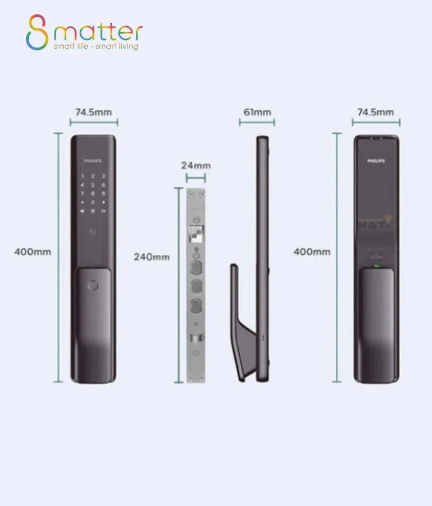 Đồ hoạ bốn hình chiếu khoá Philips kèm số đo dài rộng dày