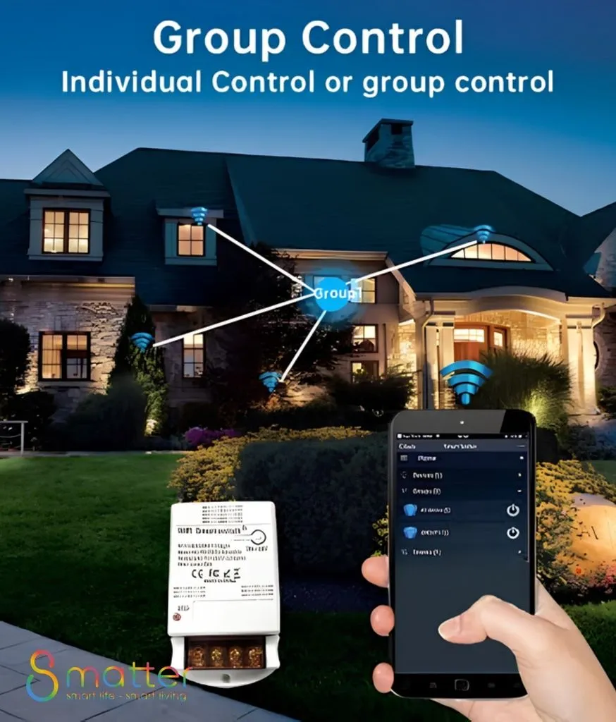 Poster biệt thự sáng đèn ban đêm với các chấm Wi-Fi và module công tắc