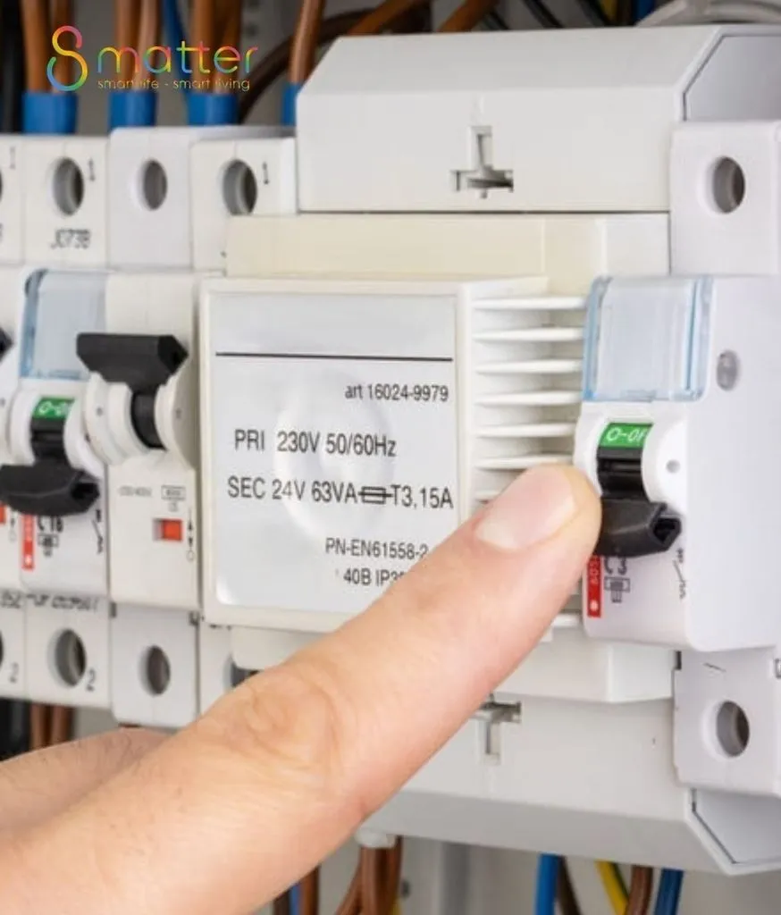 Ngón tay bấm vào một thiết bị gắn trong tủ điện