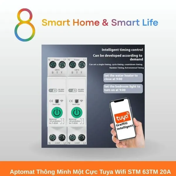 Aptomat Thông Minh một cực Tuya Wifi 20A - 8Matter - SmartHome