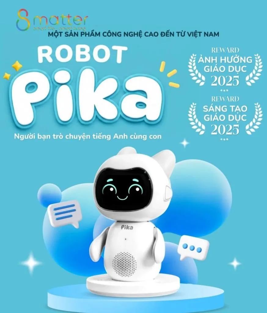 Poster nền xanh giới thiệu robot Pika trắng đứng trên bục trưng bày