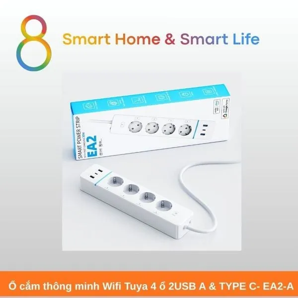 Ổ cắm thông minh Wifi Tuya 4 ổ 2USB A & TYPE C- EA2-A