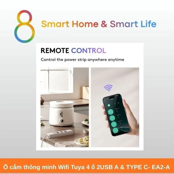 Ổ cắm thông minh Wifi Tuya 4 ổ 2USB A & TYPE C- EA2-A