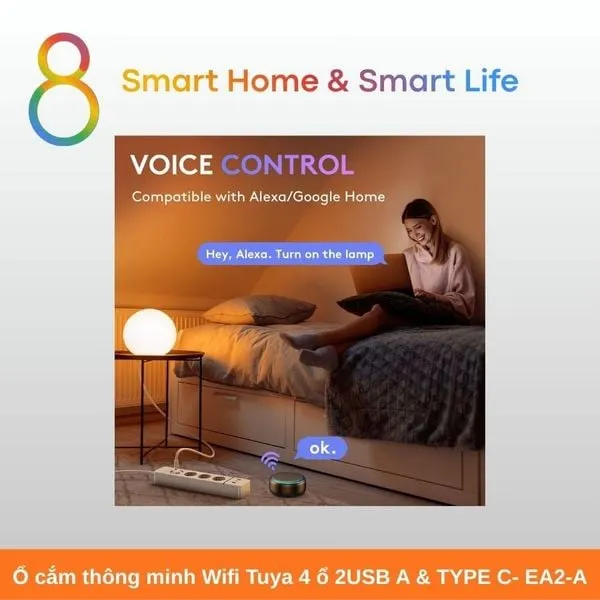 Ổ cắm thông minh Wifi Tuya 4 ổ 2USB A & TYPE C- EA2-A