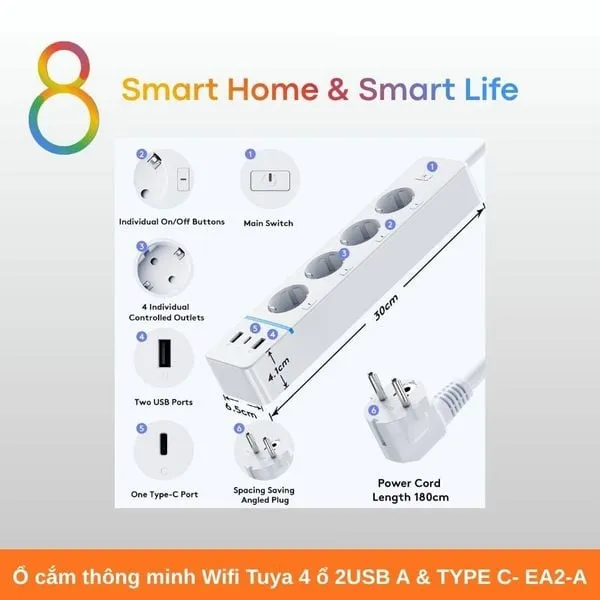 Ổ cắm thông minh Wifi Tuya 4 ổ 2USB A & TYPE C- EA2-A