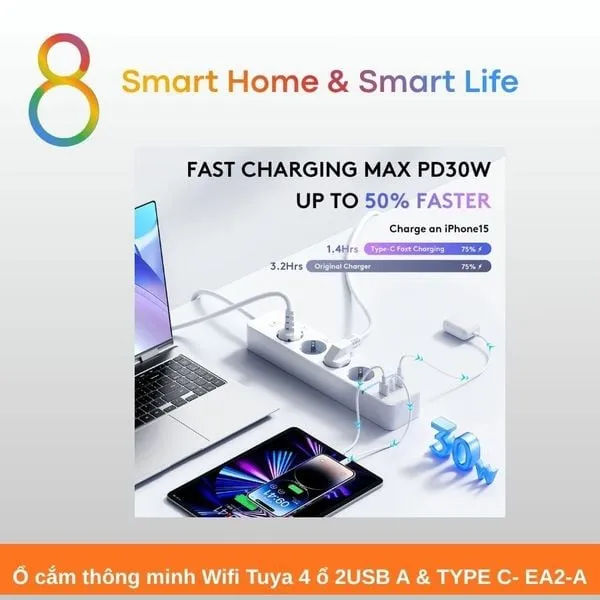 Ổ cắm thông minh Wifi Tuya 4 ổ 2USB A & TYPE C- EA2-A