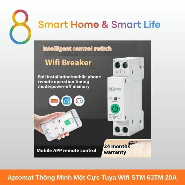 Aptomat Thông Minh một cực Tuya Wifi 20A - 8Matter - SmartHome