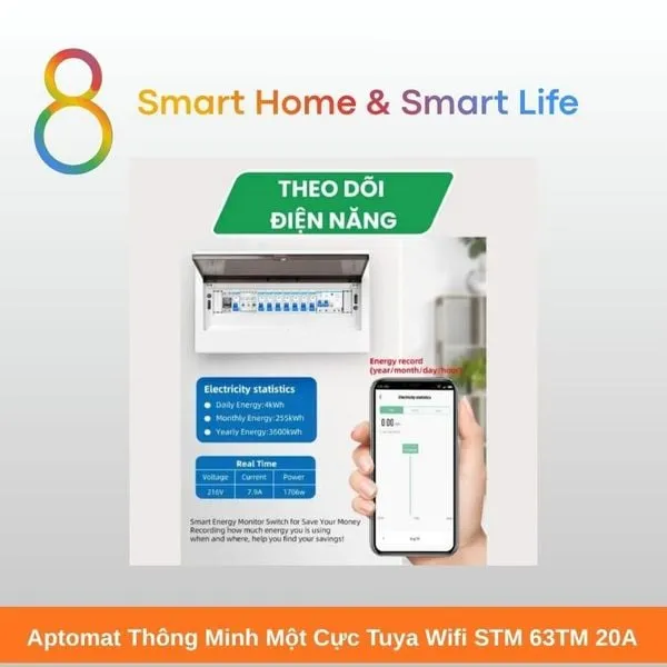 Aptomat Thông Minh một cực Tuya Wifi 20A - 8Matter - SmartHome